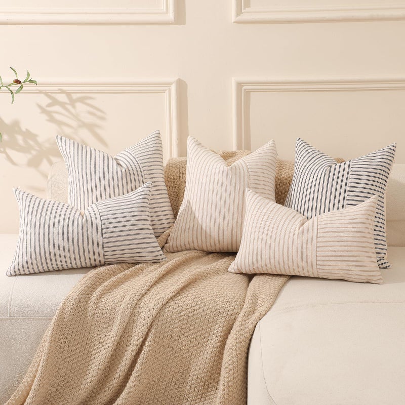 Hckot Black and Beige Patchwork Farmhouse Throw Pillow Covers 22 x 22 Inch  Pack of 2 Striped Linen Decorative Pillow Case for Sofa Couch Chair Bedroom Modern Decor (22"" x 22""  Black) - Image 5